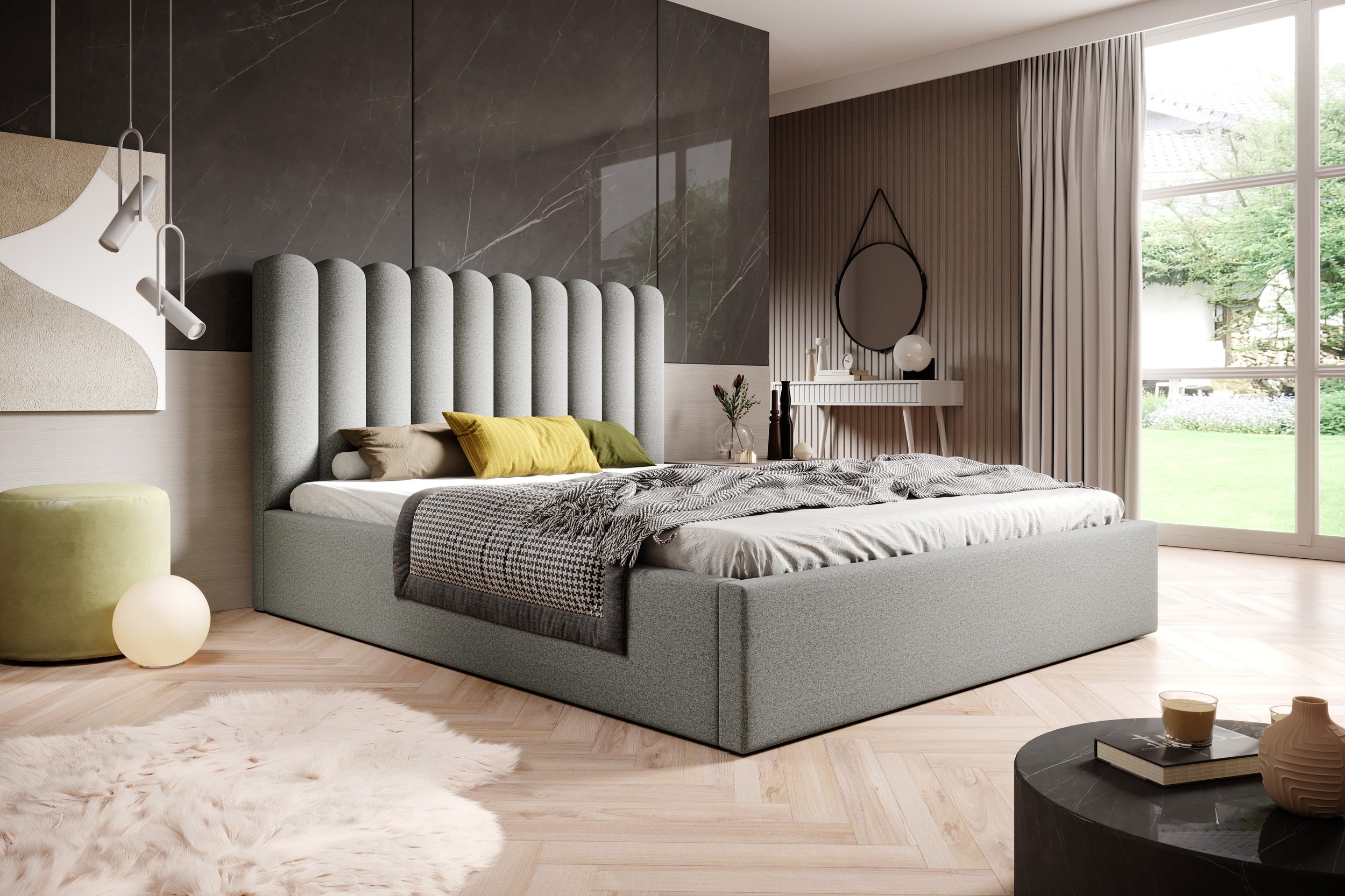 Polsterbett Lorica mit Bettkasten, grauer wasserabweisender Stoff.