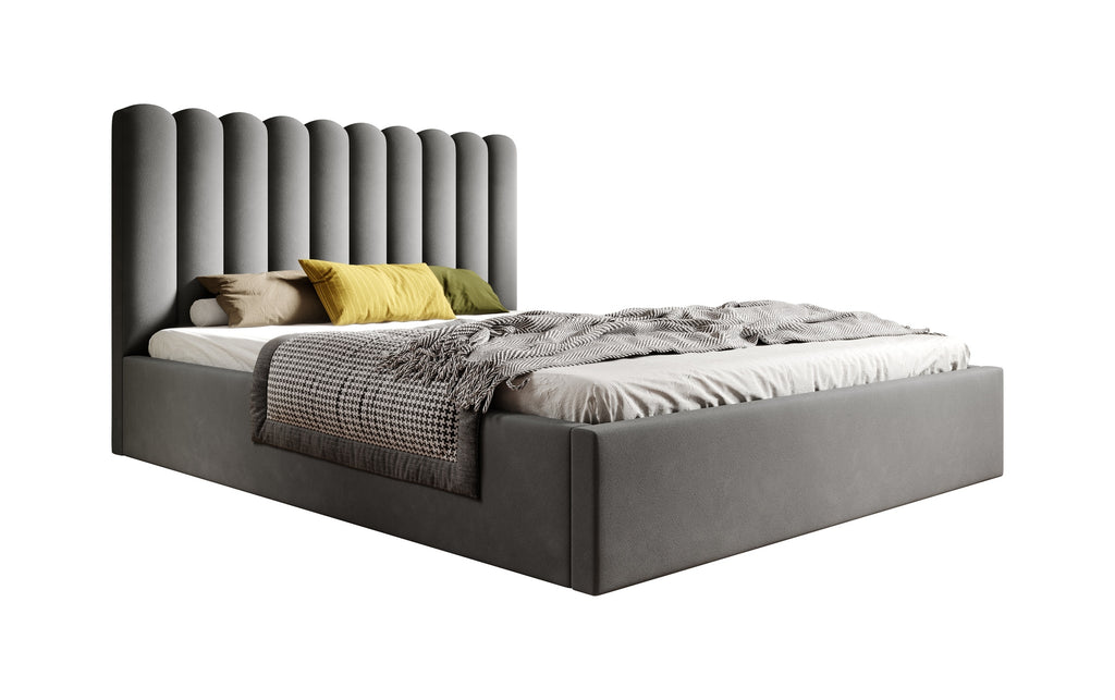 Polsterbett Lorica mit Bettkasten, grauer, wasserabweisender Magic Velvet Veloursstoff.