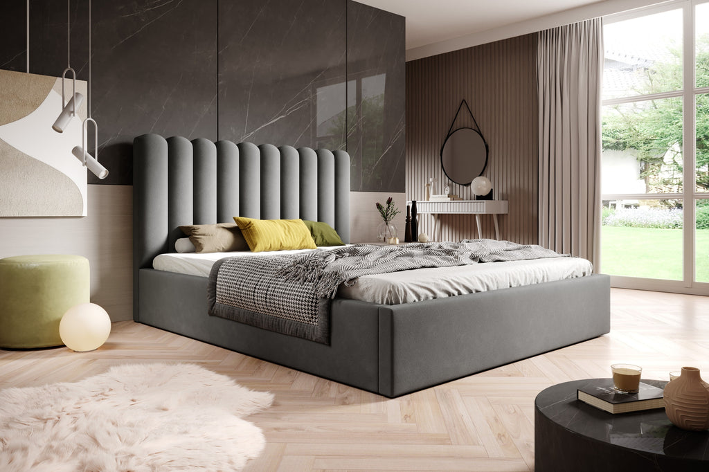 Polsterbett Lorica mit Bettkasten, grauer, wasserabweisender Magic Velvet Veloursstoff.