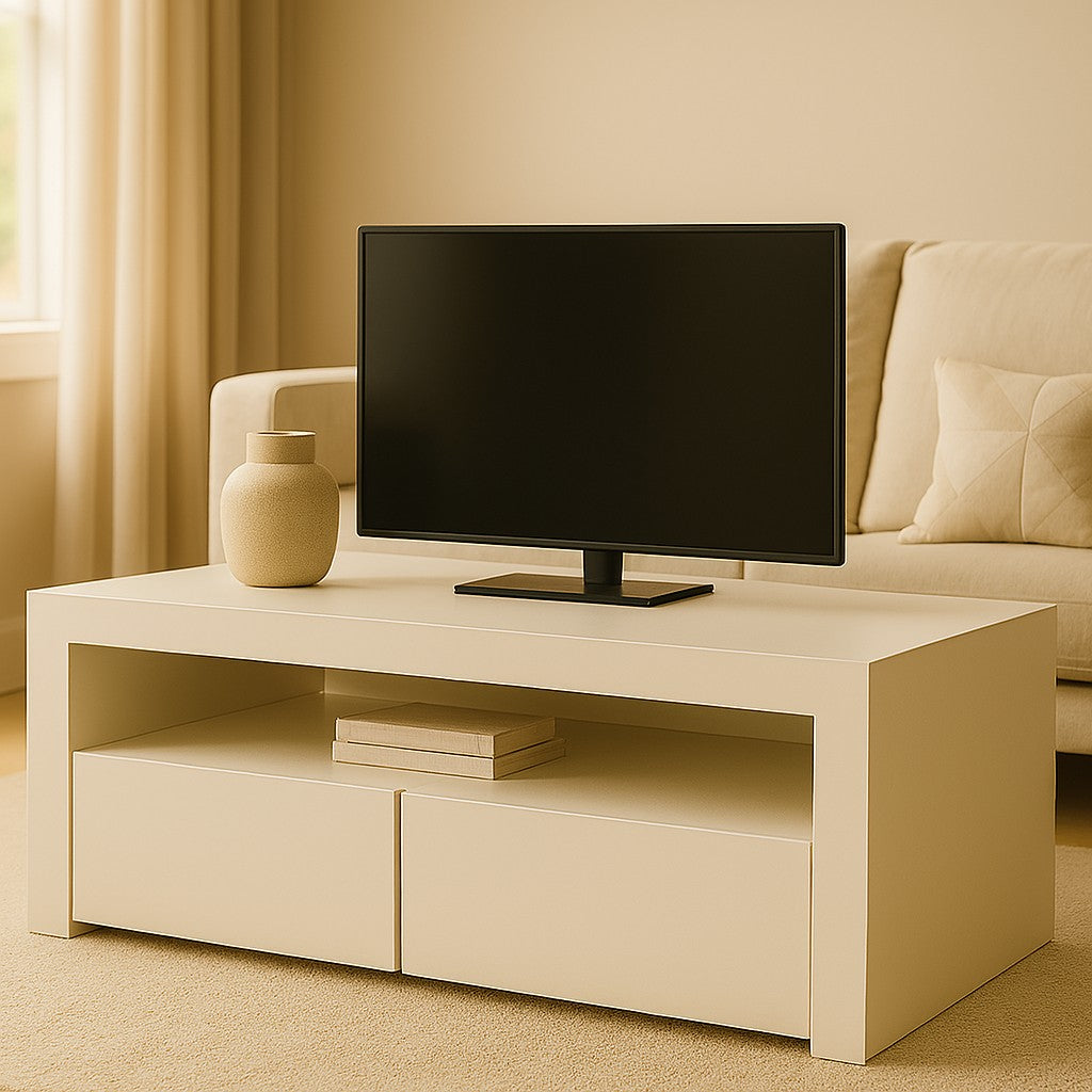 Aurora – ein moderner, glänzender TV-Ständer. Farbe: Hochglanzweiß.