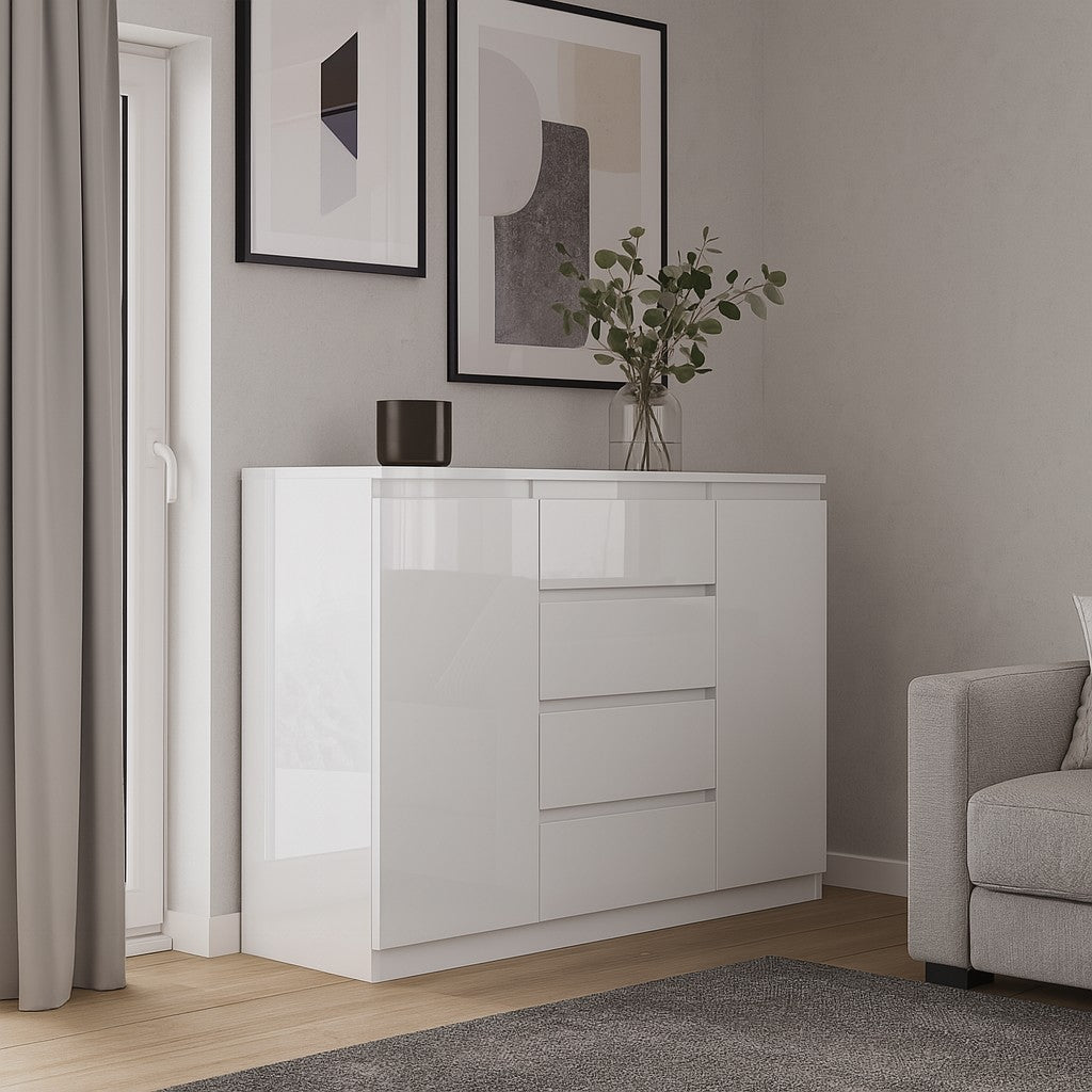 Rondo – eine elegante 120 cm breite Kommode. Hochglanzweiß.