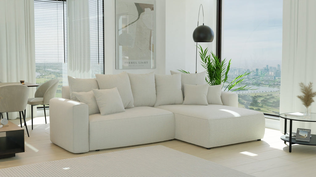 Narożnik Montivo L kształtny- z funkcja spania i pojemnikem na pościel tkanina boucle