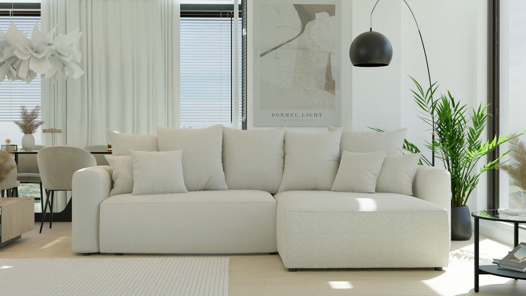 Narożnik Montivo L kształtny- z funkcja spania i pojemnikem na pościel tkanina boucle