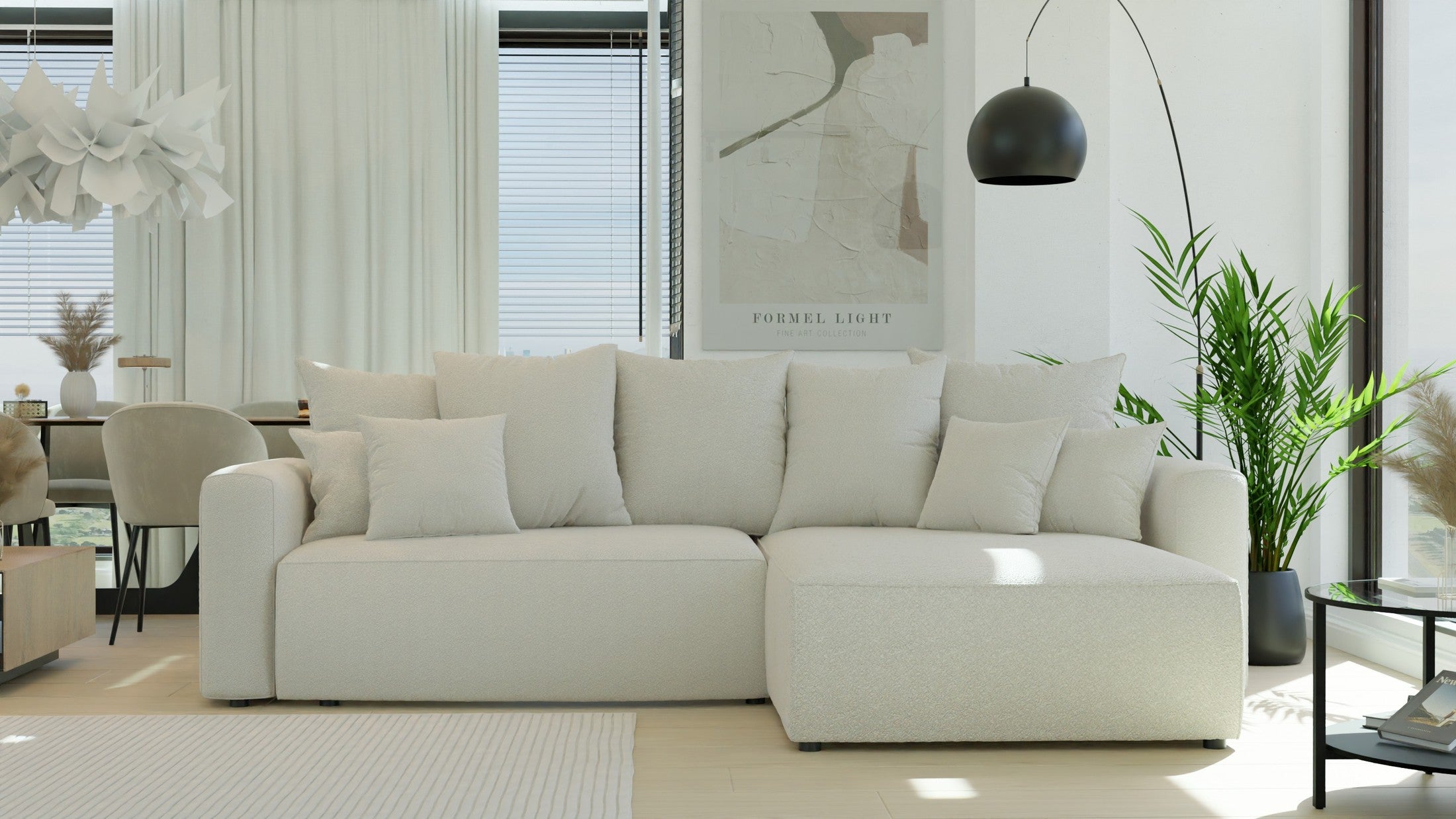 Narożnik Montivo L kształtny- z funkcja spania i pojemnikem na pościel tkanina boucle