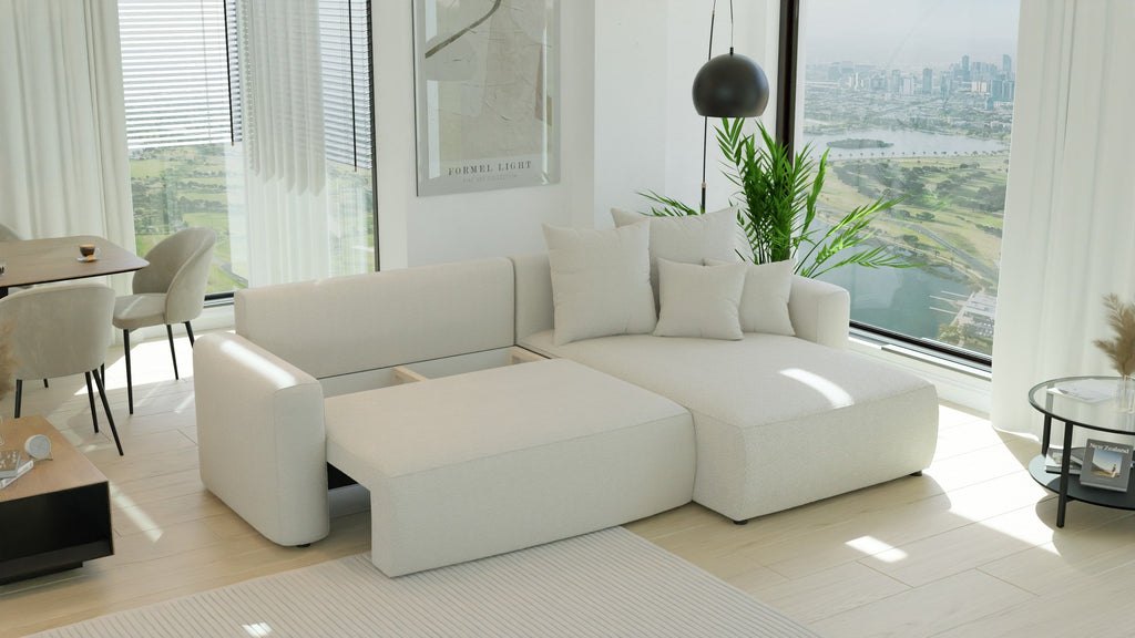 Narożnik Montivo L kształtny- z funkcja spania i pojemnikem na pościel tkanina boucle