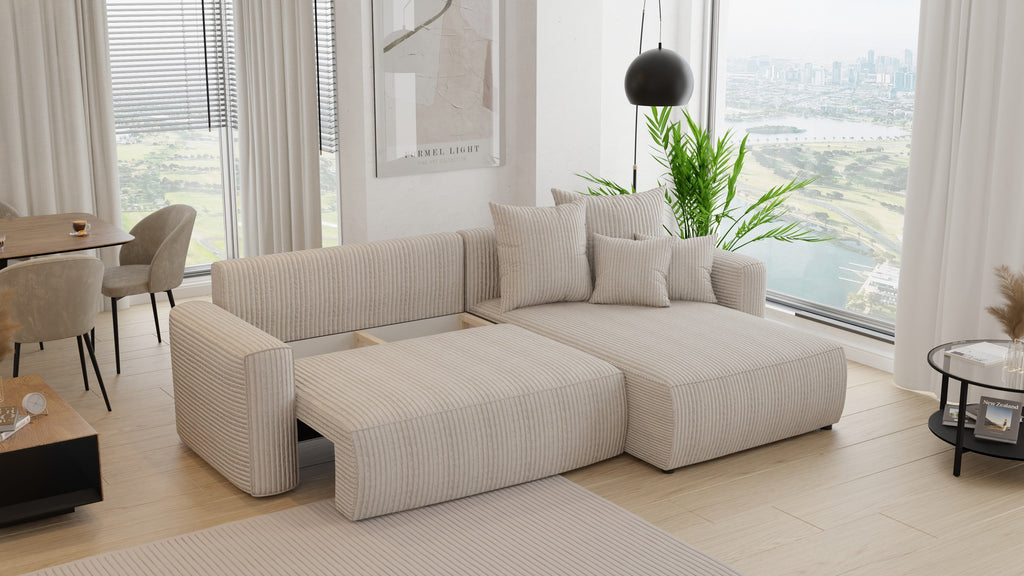 Narożnik Montivo L kształtny- z funkcja spania i pojemnikem na pościel tkanina sztruks