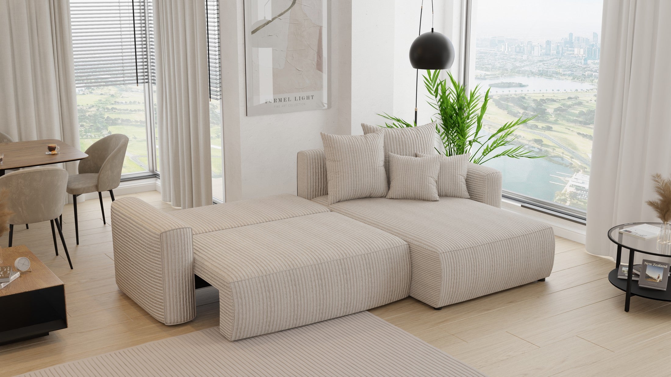 Narożnik Montivo L kształtny- z funkcja spania i pojemnikem na pościel tkanina sztruks