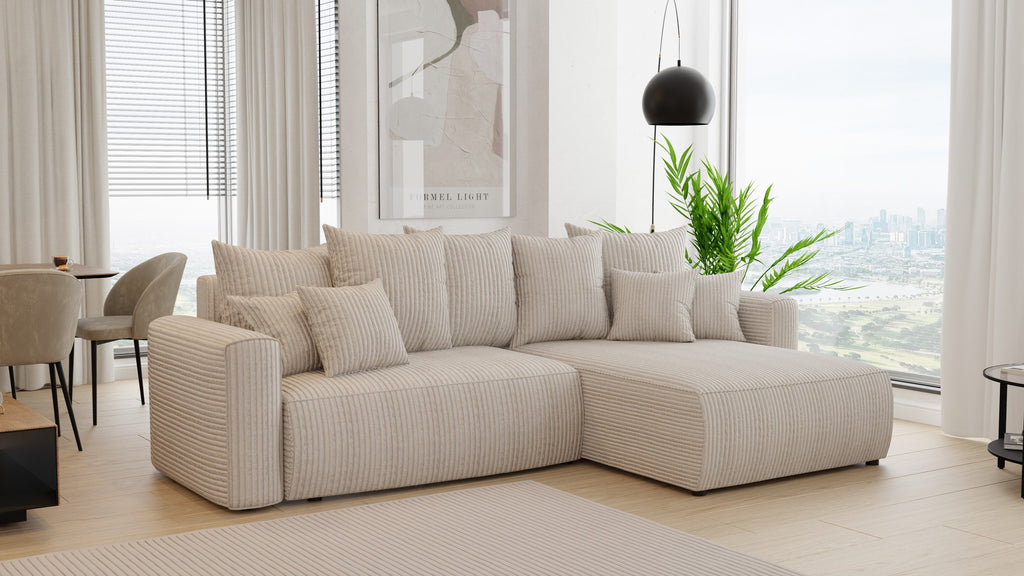 Narożnik Montivo L kształtny- z funkcja spania i pojemnikem na pościel tkanina sztruks