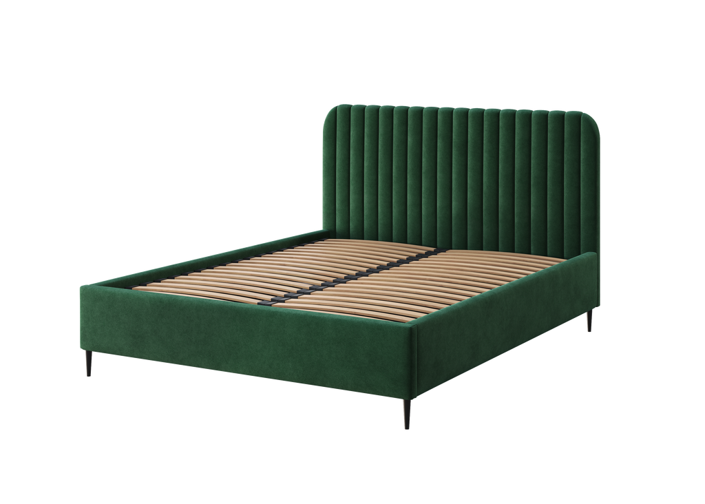Polsterbett Makira, flaschengrün, Riviera-Samtstoff, schwarze Beine