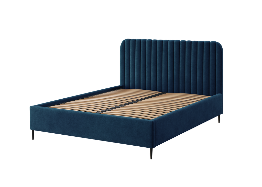 Polsterbett Makira, marineblau, Riviera-Samtbezug, schwarze Beine