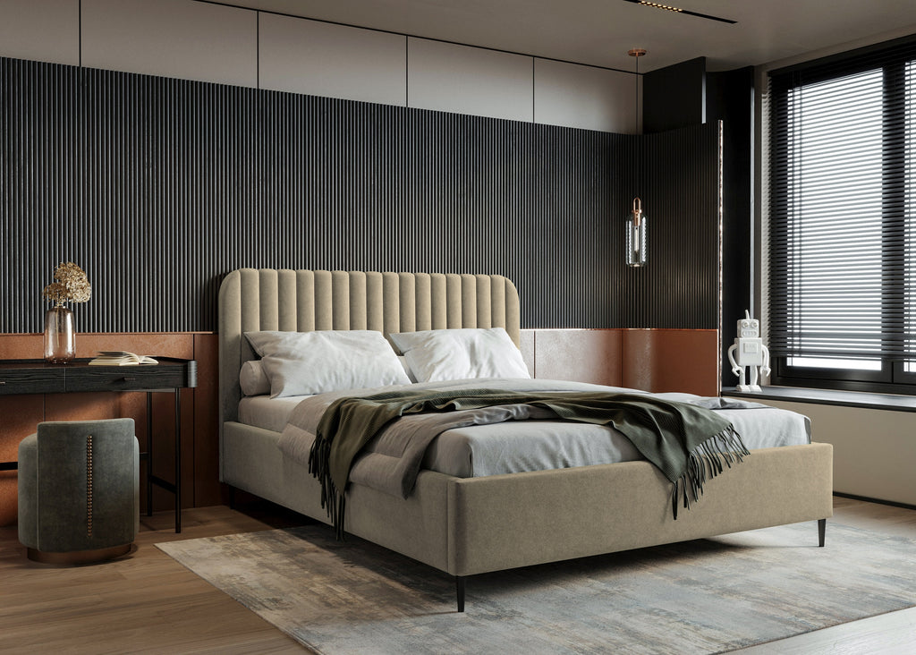 Polsterbett Makira, hellbeige, Riviera-Samtbezug, schwarze Beine