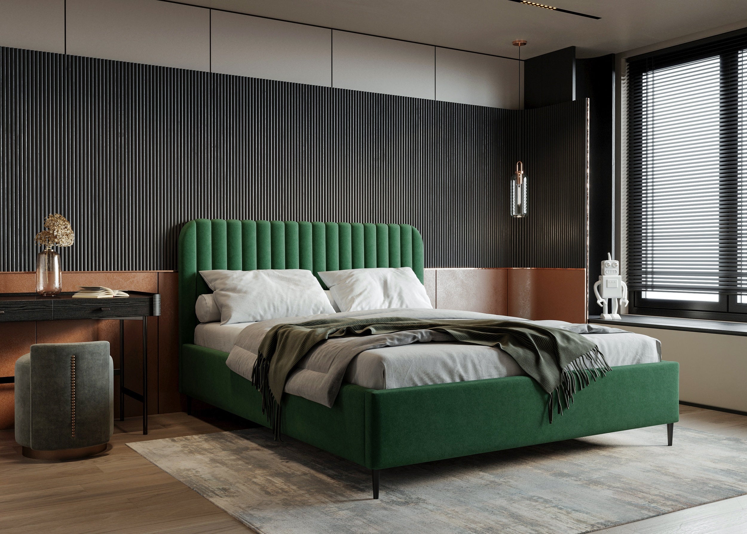 Polsterbett Makira, flaschengrün, Riviera-Samtstoff, schwarze Beine
