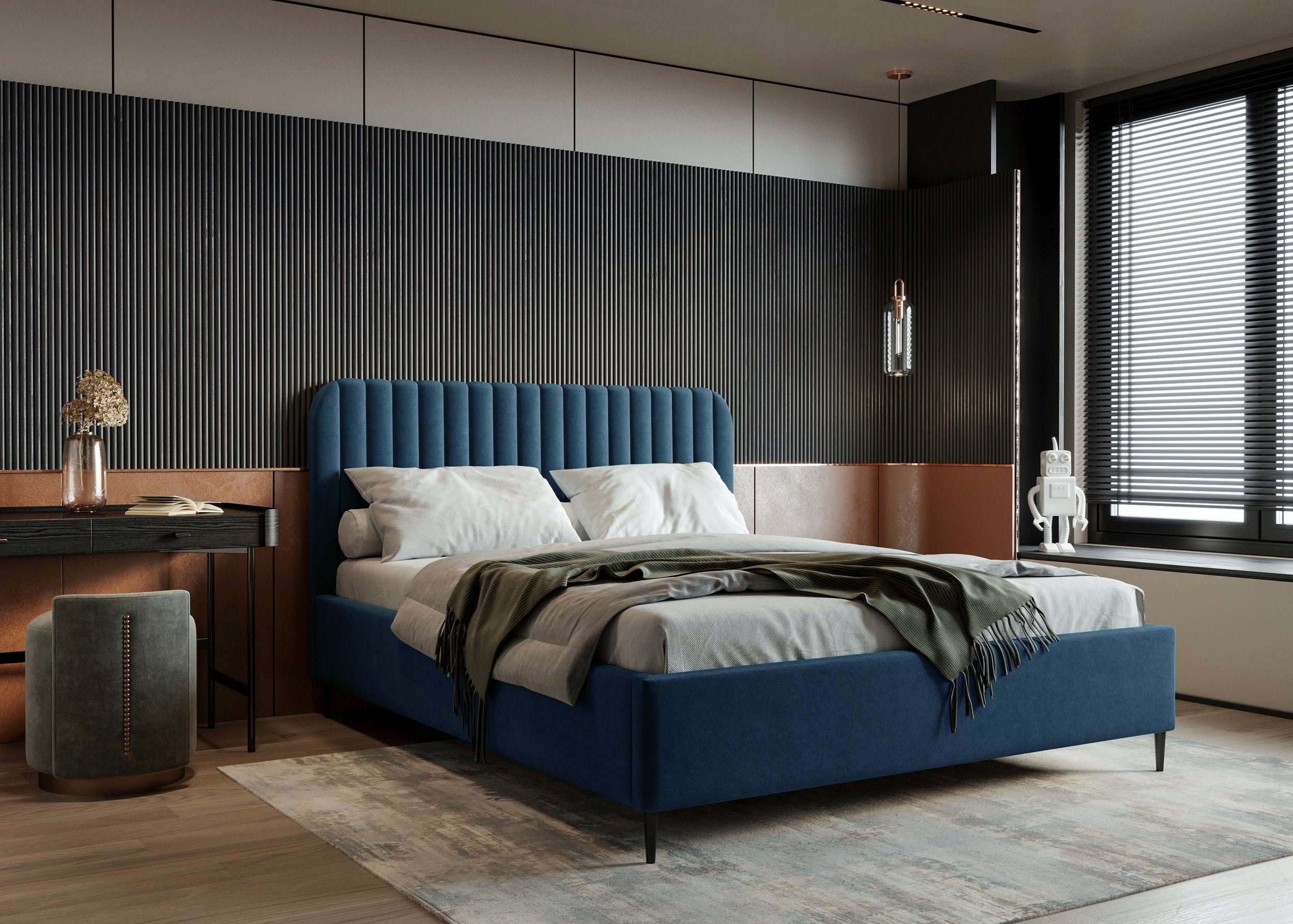 Polsterbett Makira, marineblau, Riviera-Samtbezug, schwarze Beine