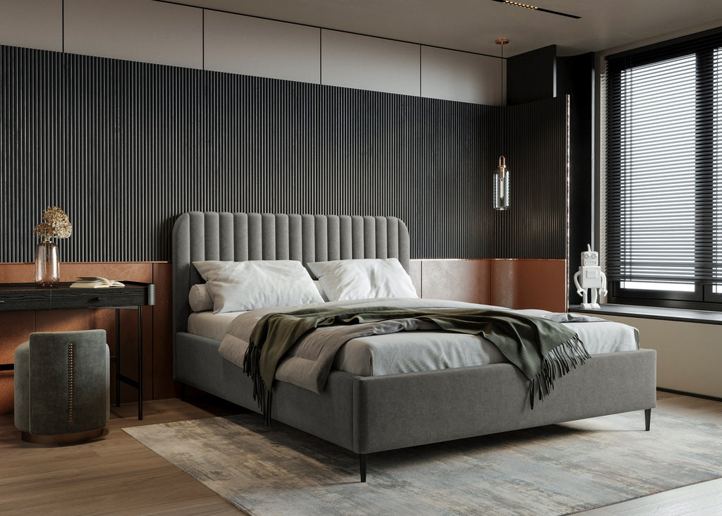 Polsterbett Makira, grau, Samtbezug, Riviera, schwarze Beine