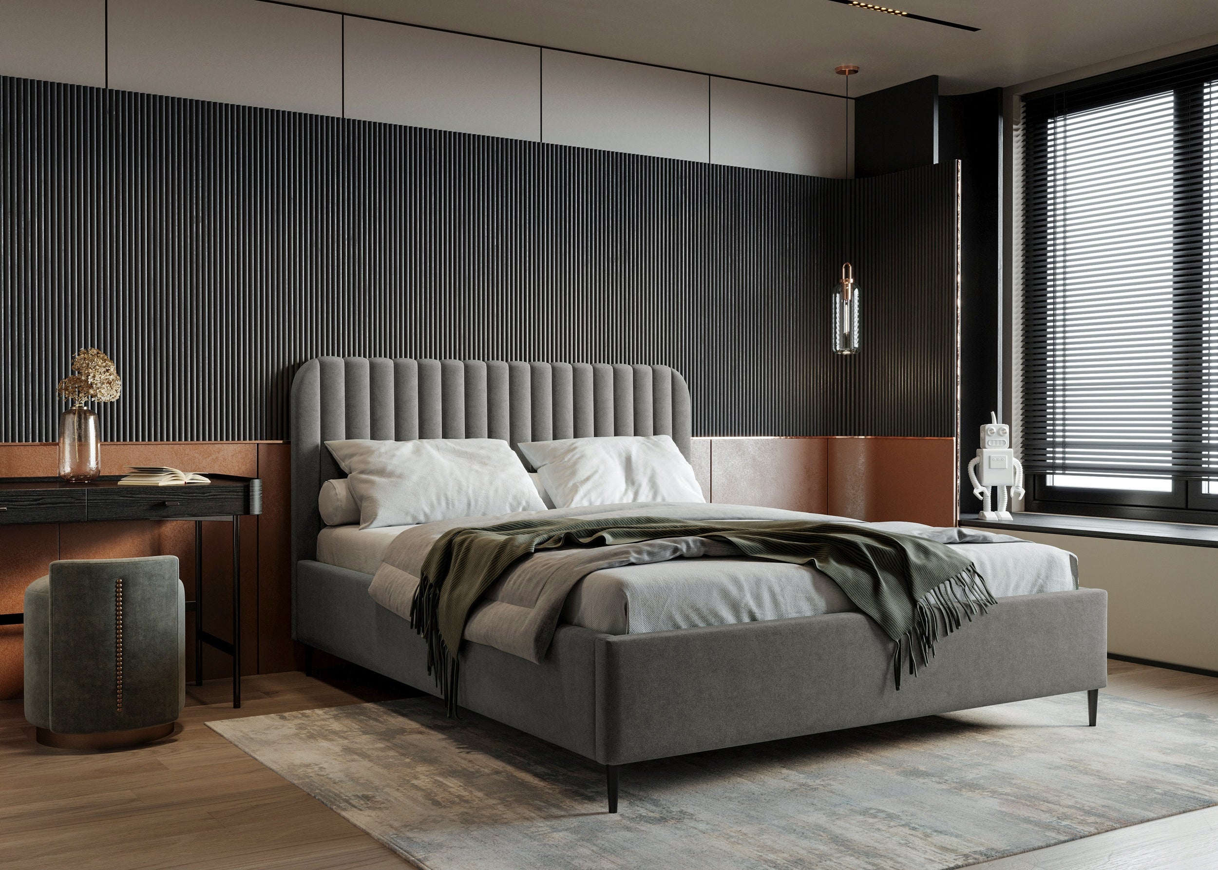 Polsterbett Makira, grau, Samtbezug, Riviera, schwarze Beine