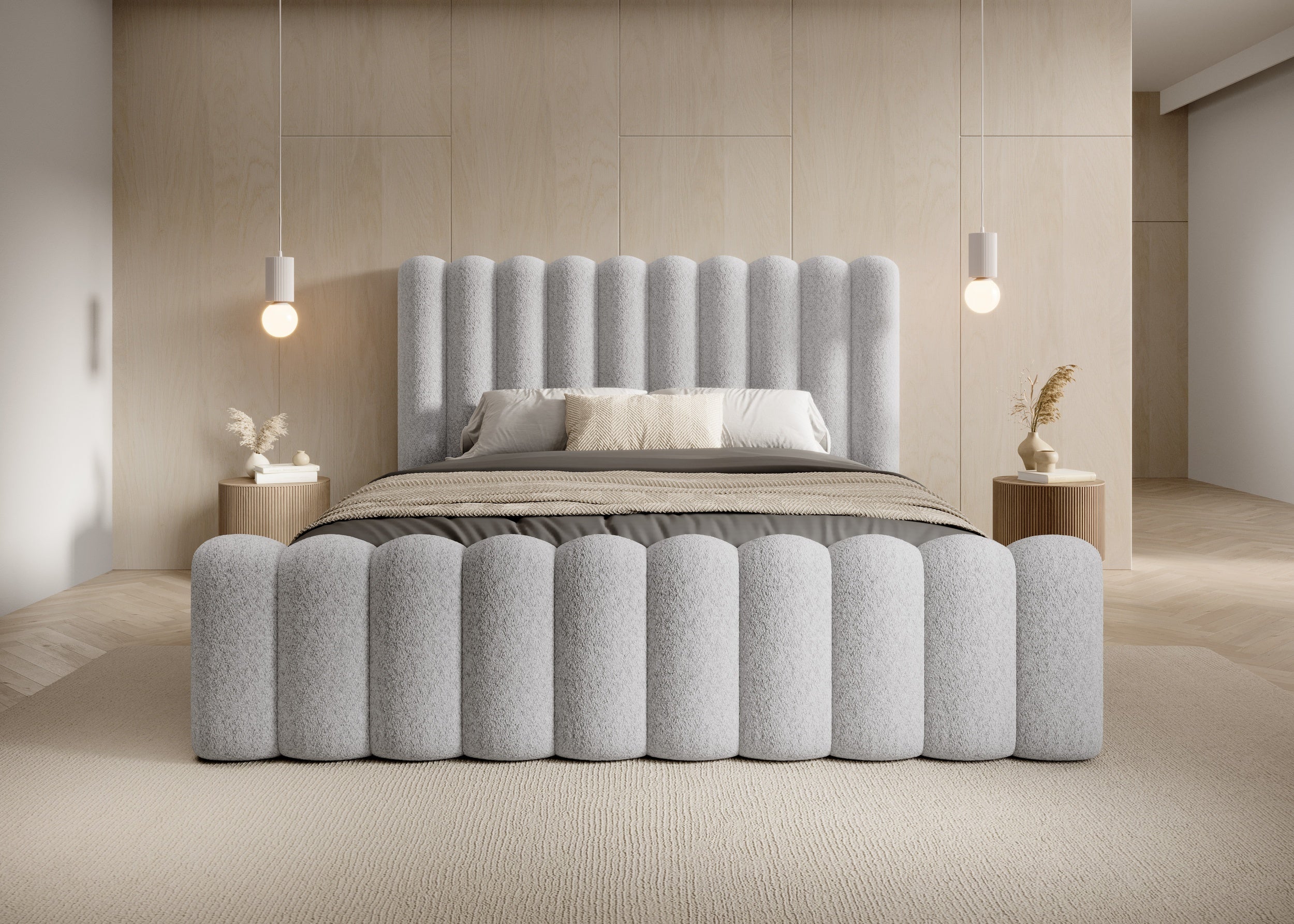 Mirena Polsterbett mit Bettkasten aus Bouclé-Stoff