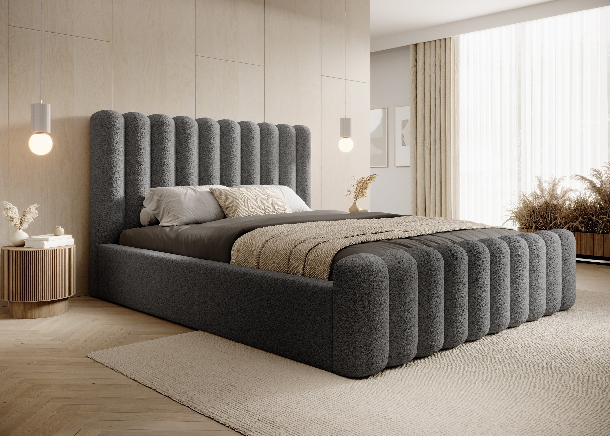 Mirena Polsterbett mit Bettkasten aus Bouclé-Stoff