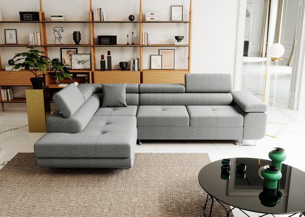 Ecksofa mit Schlaffunktion Nolio, L-förmig, mit Bettkasten, verstellbare Kopfstützen, wasserabweisender Stoff.