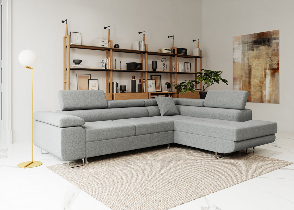 Ecksofa mit Schlaffunktion Nolio, L-förmig, mit Bettkasten, verstellbare Kopfstützen, wasserabweisender Stoff.