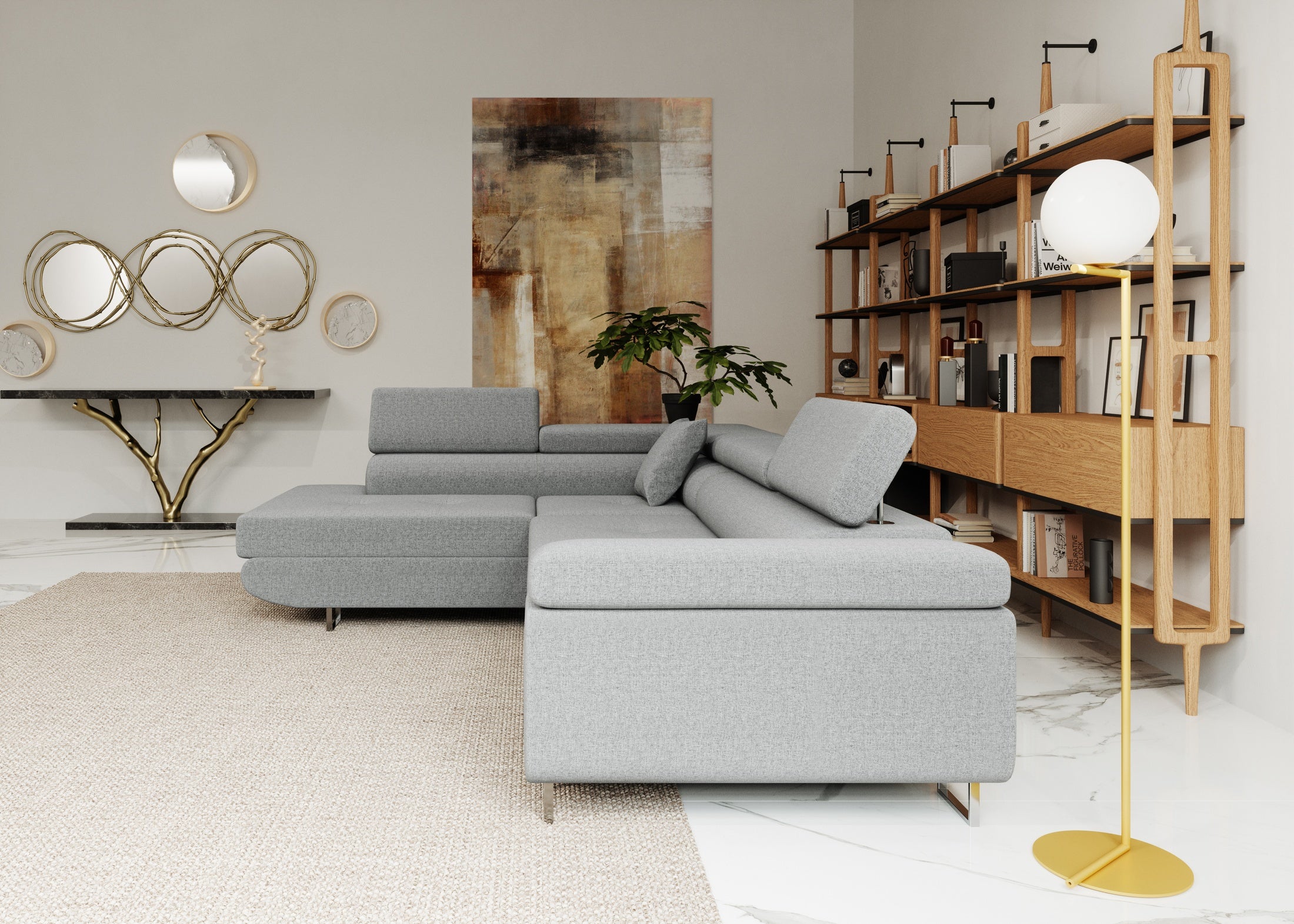 Ecksofa mit Schlaffunktion Nolio, L-förmig, mit Bettkasten, verstellbare Kopfstützen, wasserabweisender Stoff.