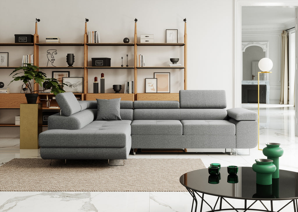 Ecksofa mit Schlaffunktion Nolio, L-förmig, mit Bettkasten, verstellbare Kopfstützen, wasserabweisender Stoff.