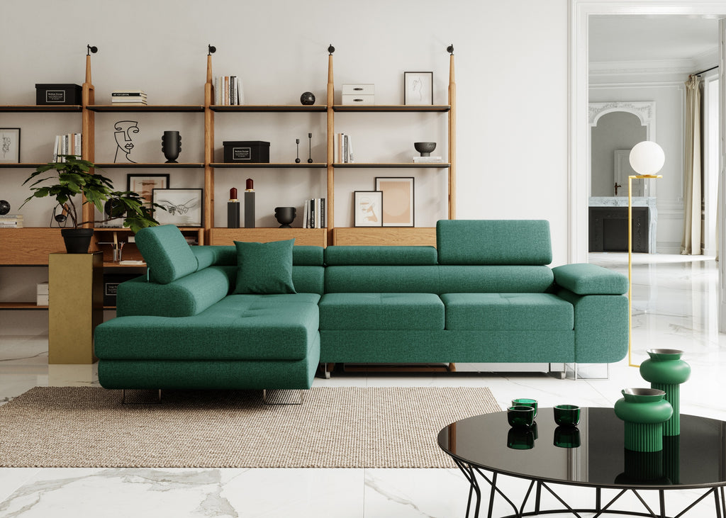 Ecksofa mit Schlaffunktion Nolio, L-förmig, mit Bettkasten, verstellbare Kopfstützen, wasserabweisender Stoff.