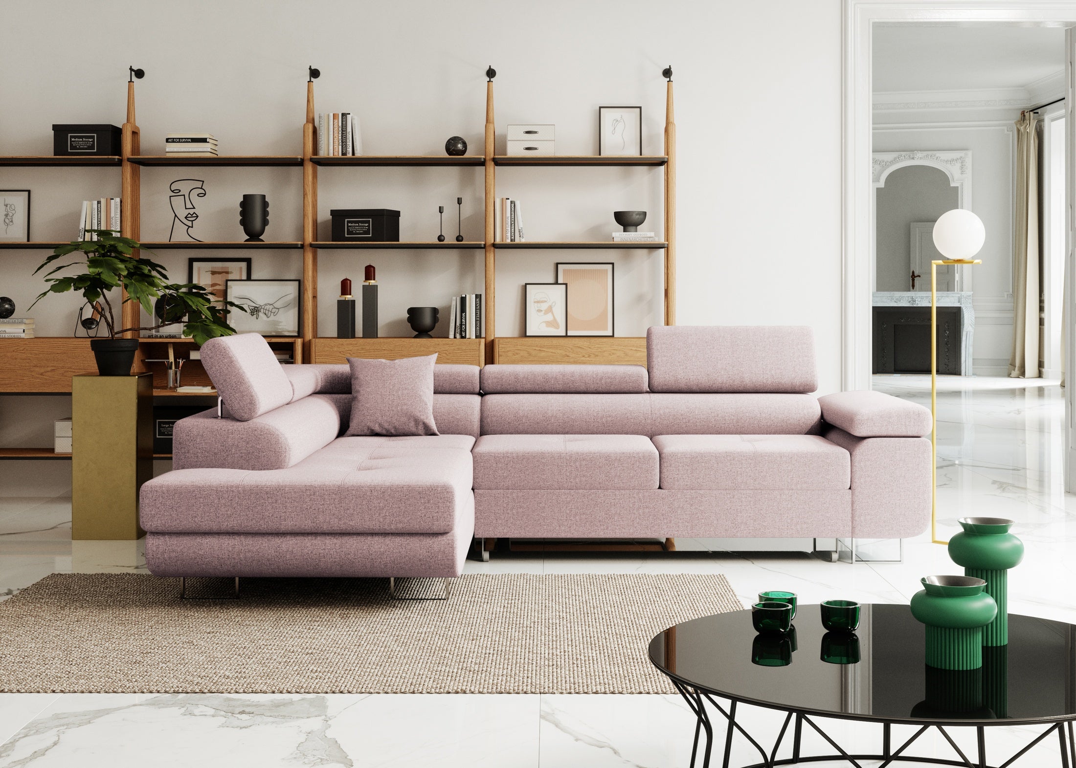 Ecksofa mit Schlaffunktion Nolio, L-förmig, mit Bettkasten, verstellbare Kopfstützen, wasserabweisender Stoff.