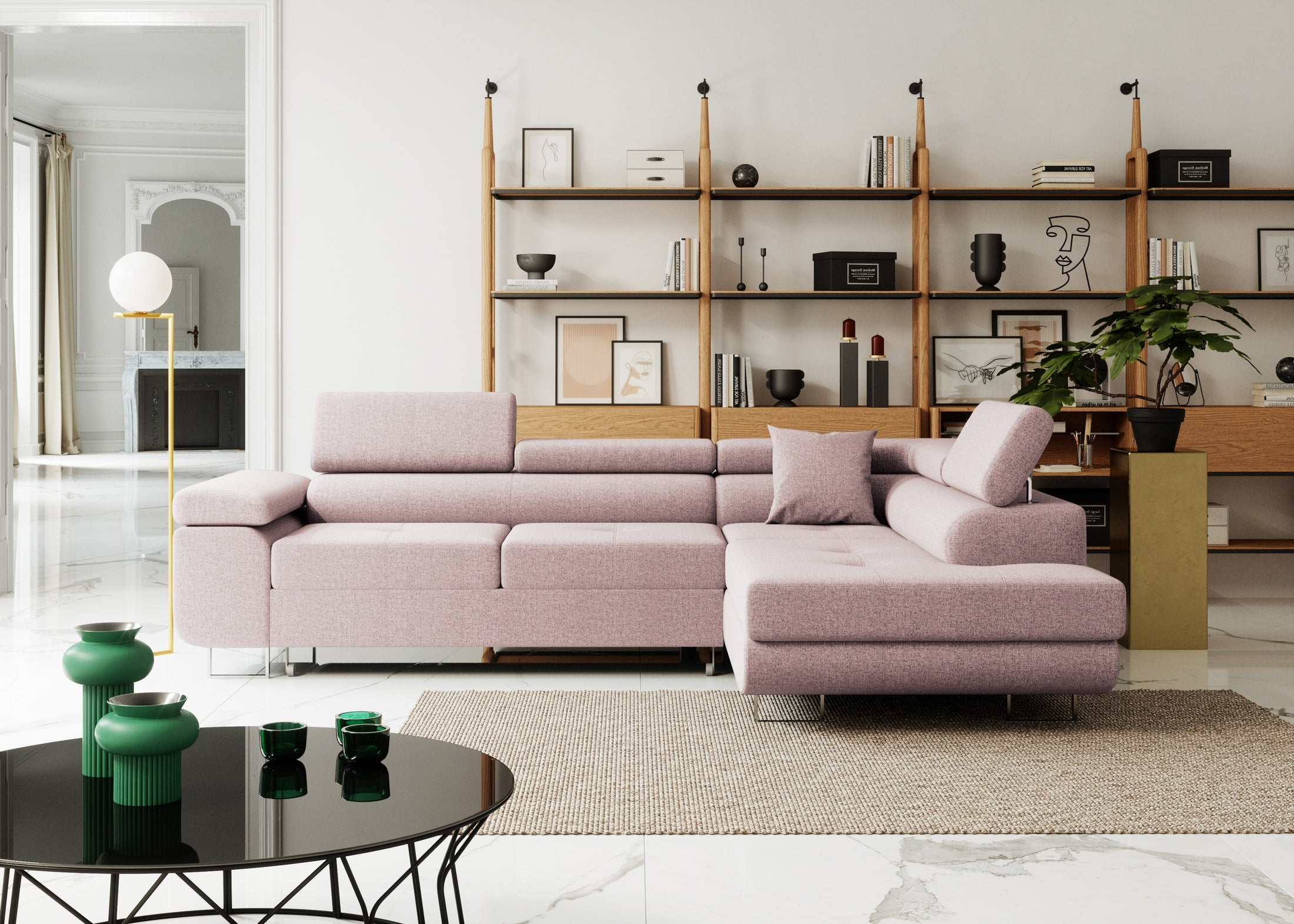 Ecksofa mit Schlaffunktion Nolio, L-förmig, mit Bettkasten, verstellbare Kopfstützen, wasserabweisender Stoff.