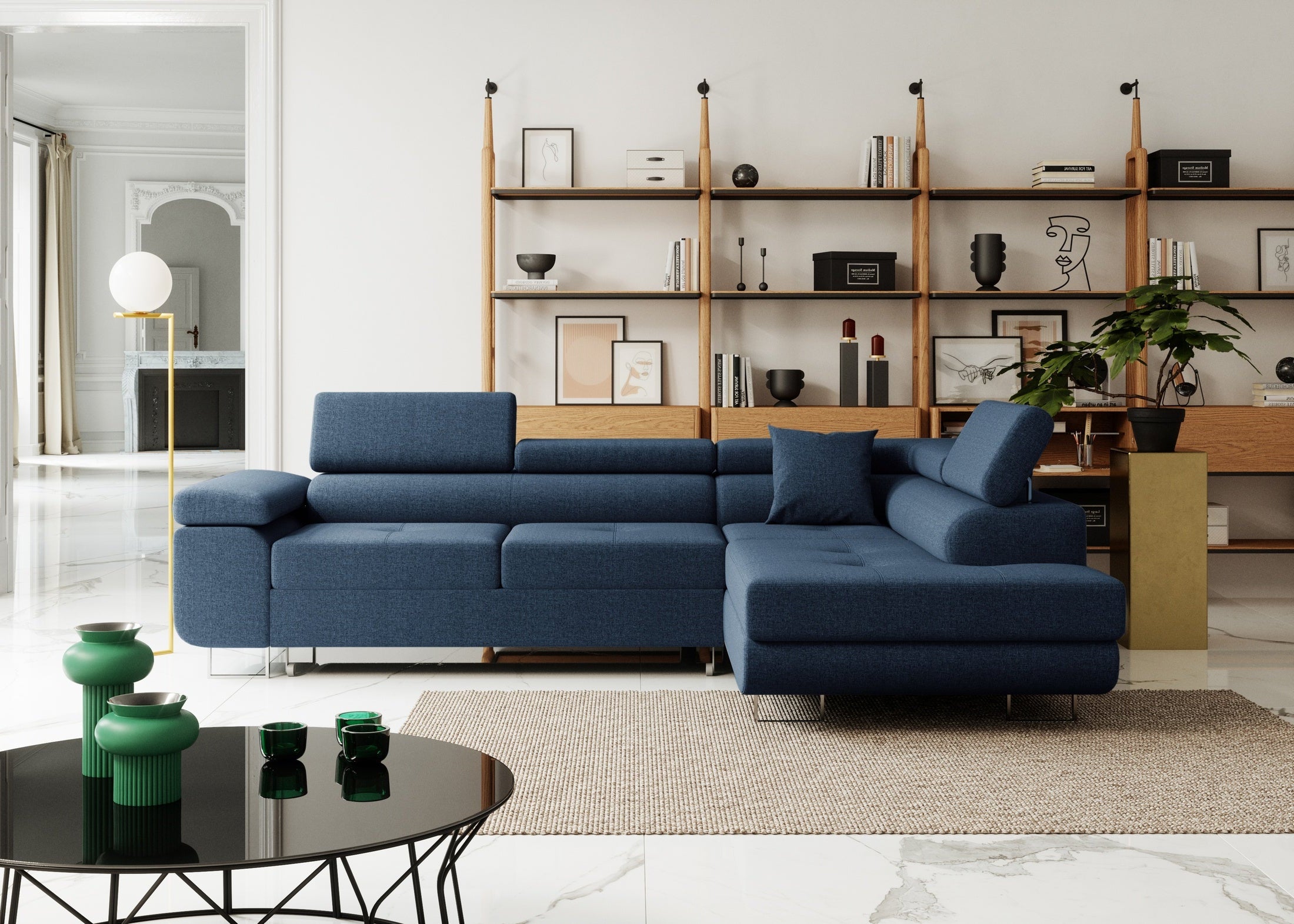 Narożnik z funkcja spania Nolio L- kształtny z pojemnikiem na pościel regulowane zagłówki tkanina hydrofobowa