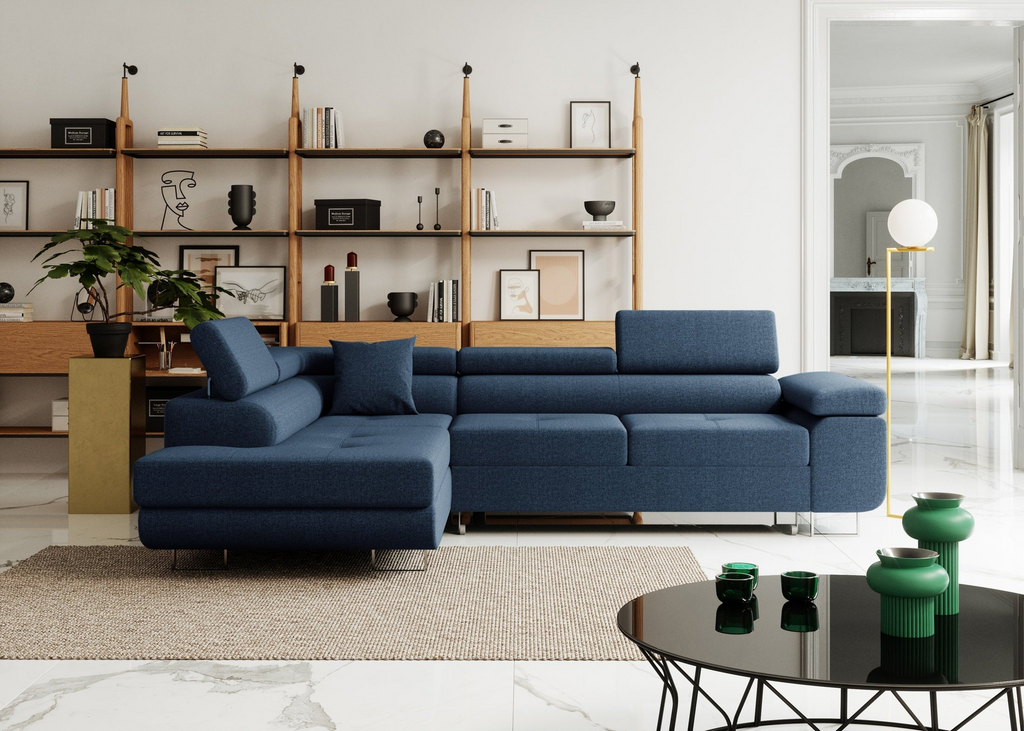 Narożnik z funkcja spania Nolio L- kształtny z pojemnikiem na pościel regulowane zagłówki tkanina hydrofobowa