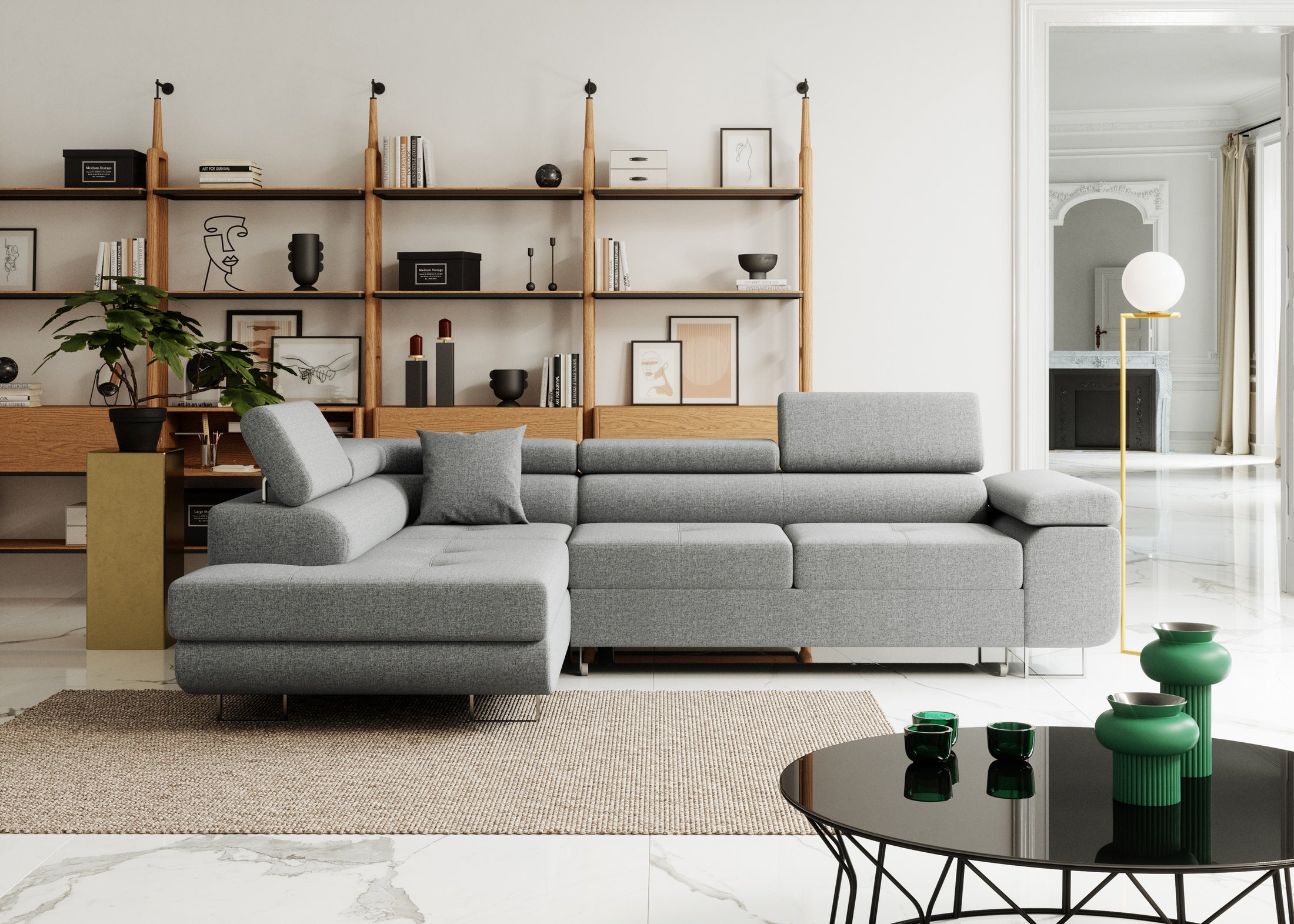 Narożnik z funkcja spania Nolio L- kształtny z pojemnikiem na pościel regulowane zagłówki tkanina hydrofobowa