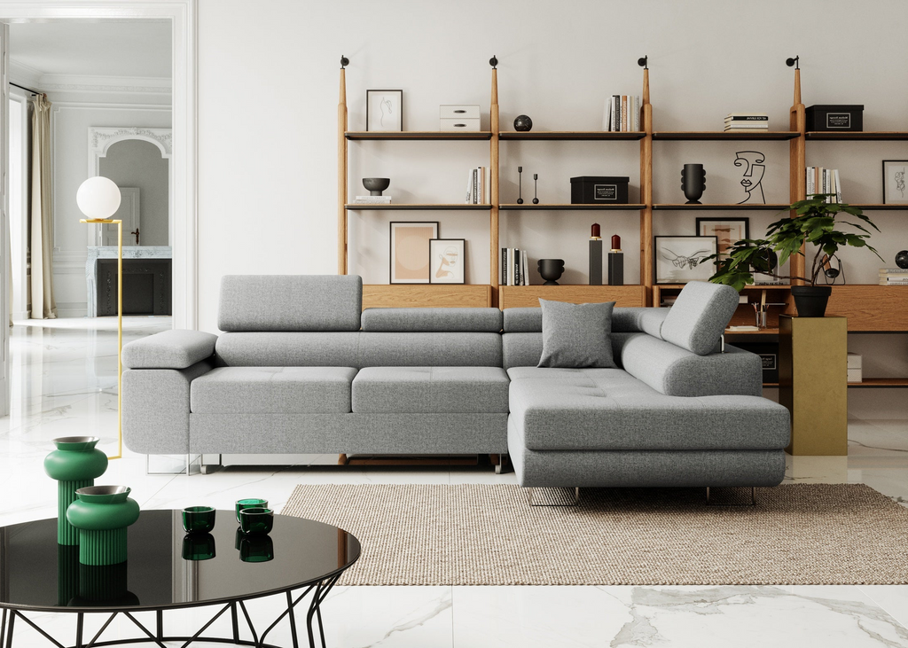 Narożnik z funkcja spania Nolio L- kształtny z pojemnikiem na pościel regulowane zagłówki tkanina hydrofobowa