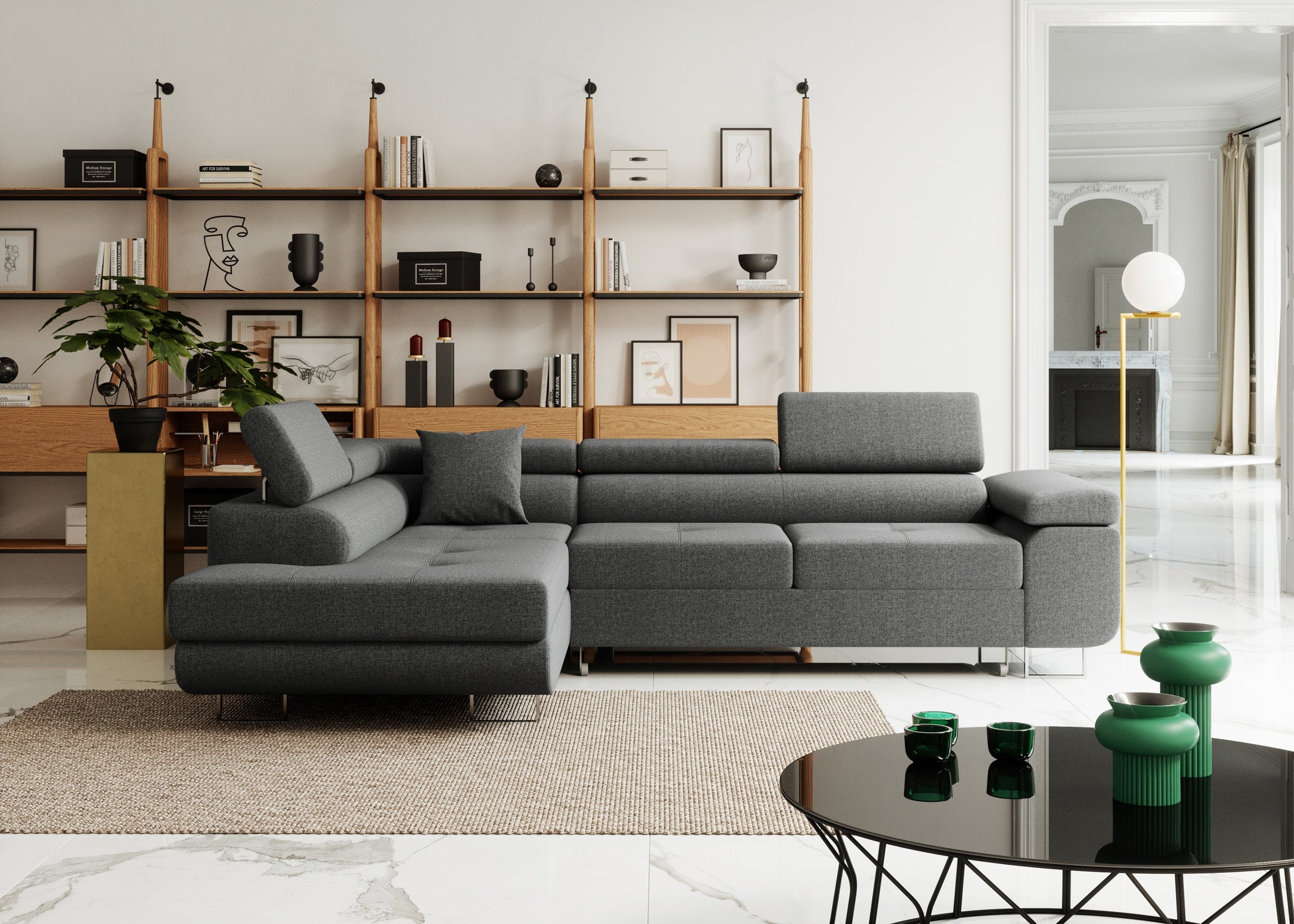 Ecksofa mit Schlaffunktion Nolio, L-förmig, mit Bettkasten, verstellbare Kopfstützen, wasserabweisender Stoff.