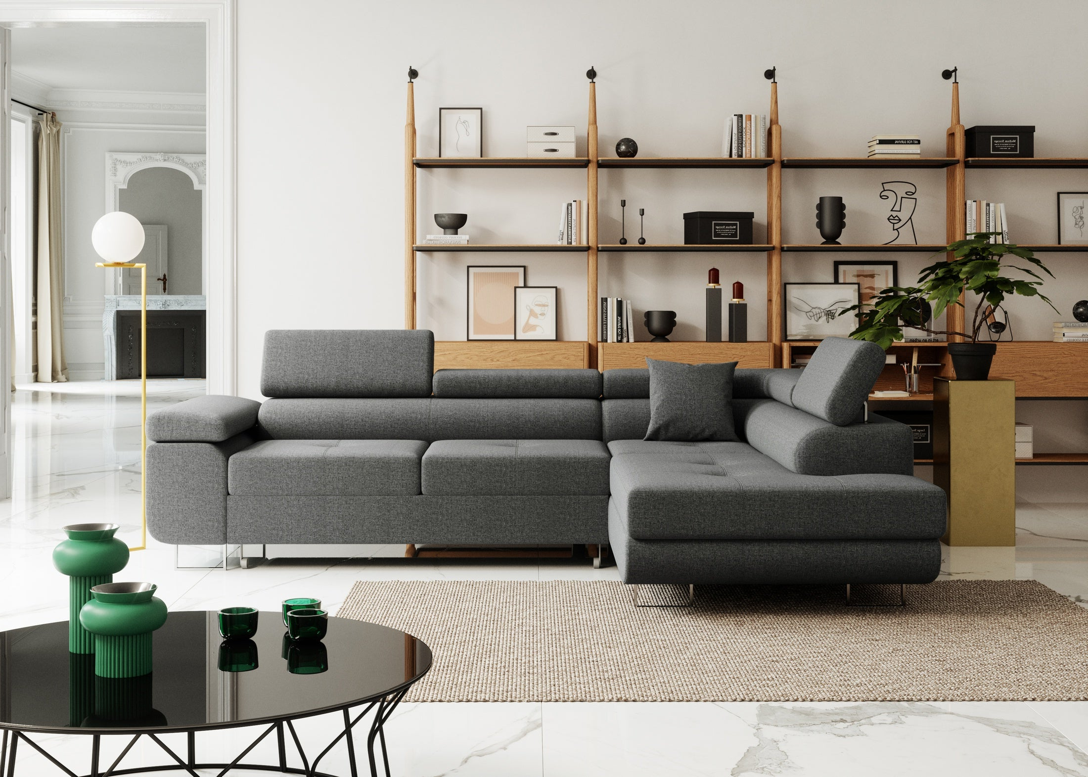 Ecksofa mit Schlaffunktion Nolio, L-förmig, mit Bettkasten, verstellbare Kopfstützen, wasserabweisender Stoff.