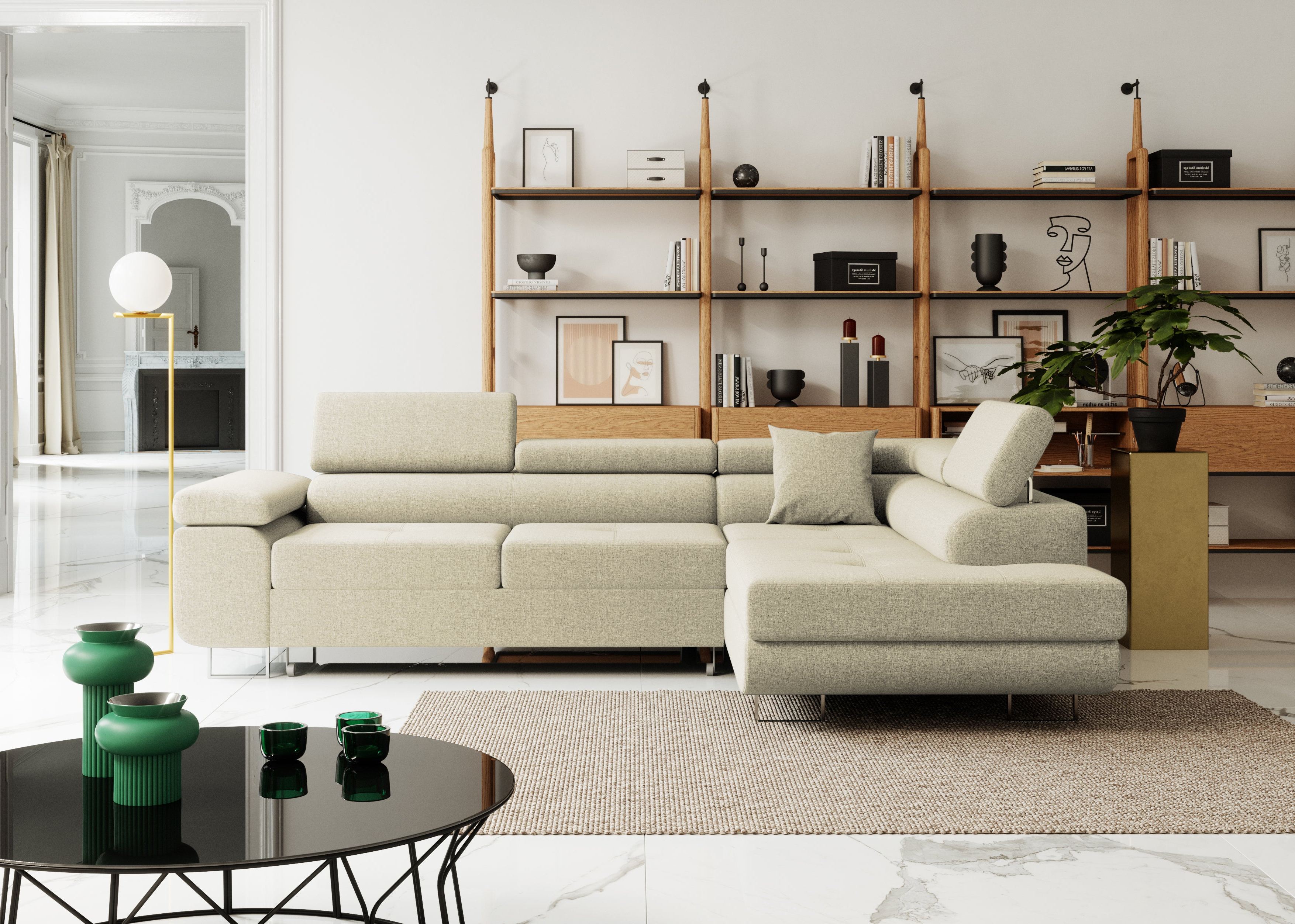 Narożnik z funkcja spania Nolio L- kształtny z pojemnikiem na pościel regulowane zagłówki tkanina hydrofobowa