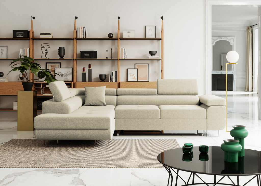 Narożnik z funkcja spania Nolio L- kształtny z pojemnikiem na pościel regulowane zagłówki tkanina hydrofobowa