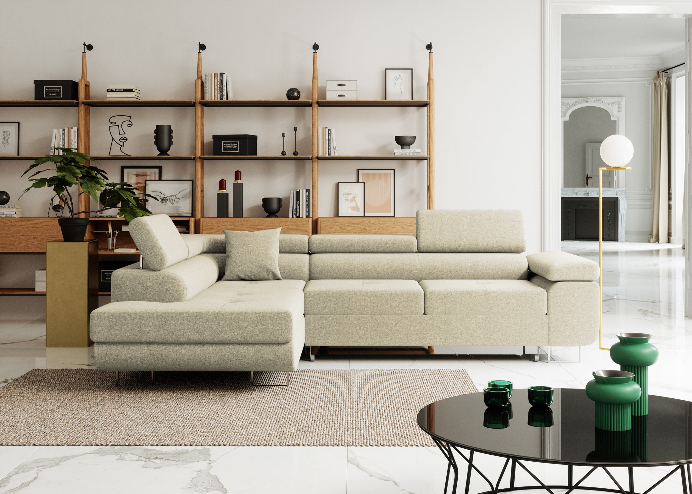 Narożnik z funkcja spania Nolio L- kształtny z pojemnikiem na pościel regulowane zagłówki tkanina hydrofobowa