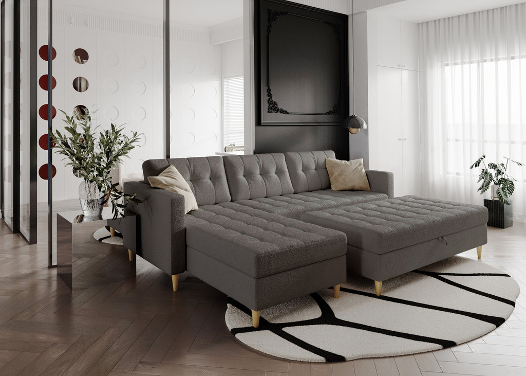 Norvik Ecksofa mit Hocker – L-förmiges skandinavisches Design mit Schlaffunktion und Stauraum, Abriamo Bouclé-Stoff