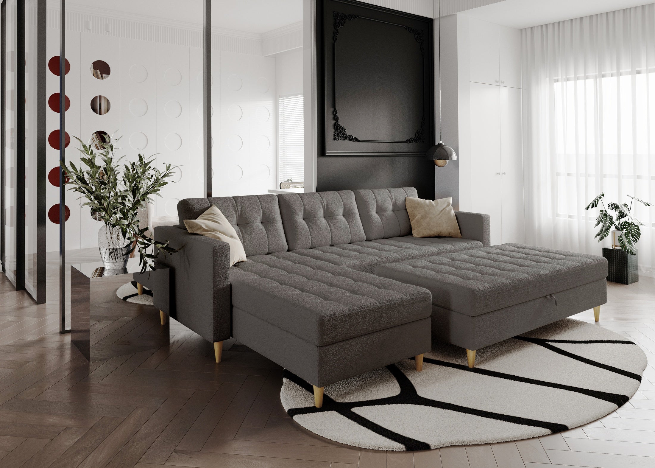 Norvik Ecksofa mit Hocker – L-förmiges skandinavisches Design mit Schlaffunktion und Stauraum, Abriamo Bouclé-Stoff