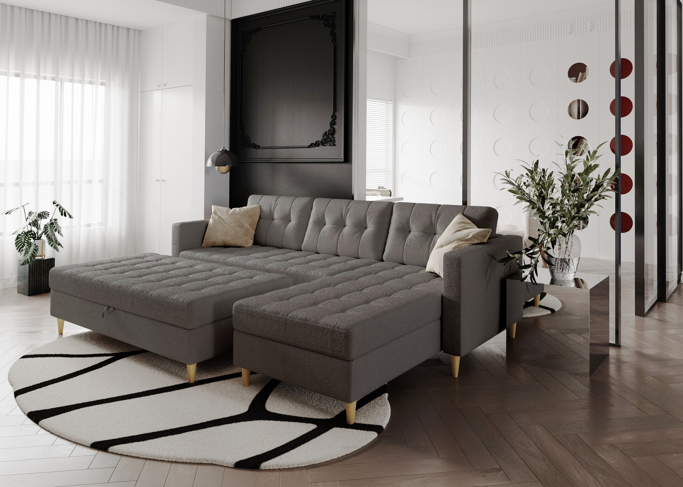 Norvik Ecksofa mit Hocker – L-förmiges skandinavisches Design mit Schlaffunktion und Stauraum, Abriamo Bouclé-Stoff