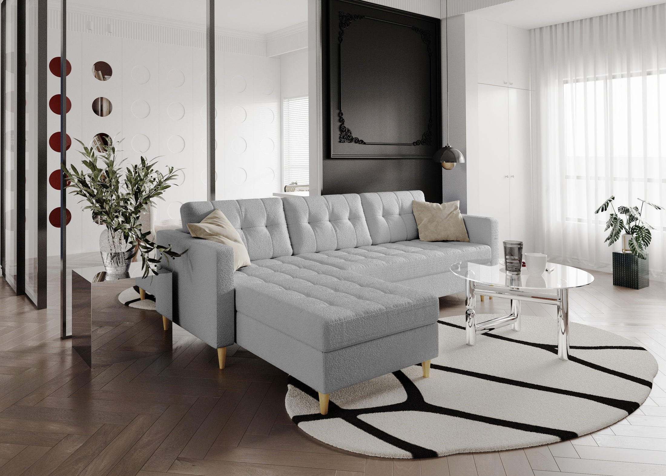 Narożnik Norvik L-kształtny w stylu skandynawskim w tkanine Abriamo boucle