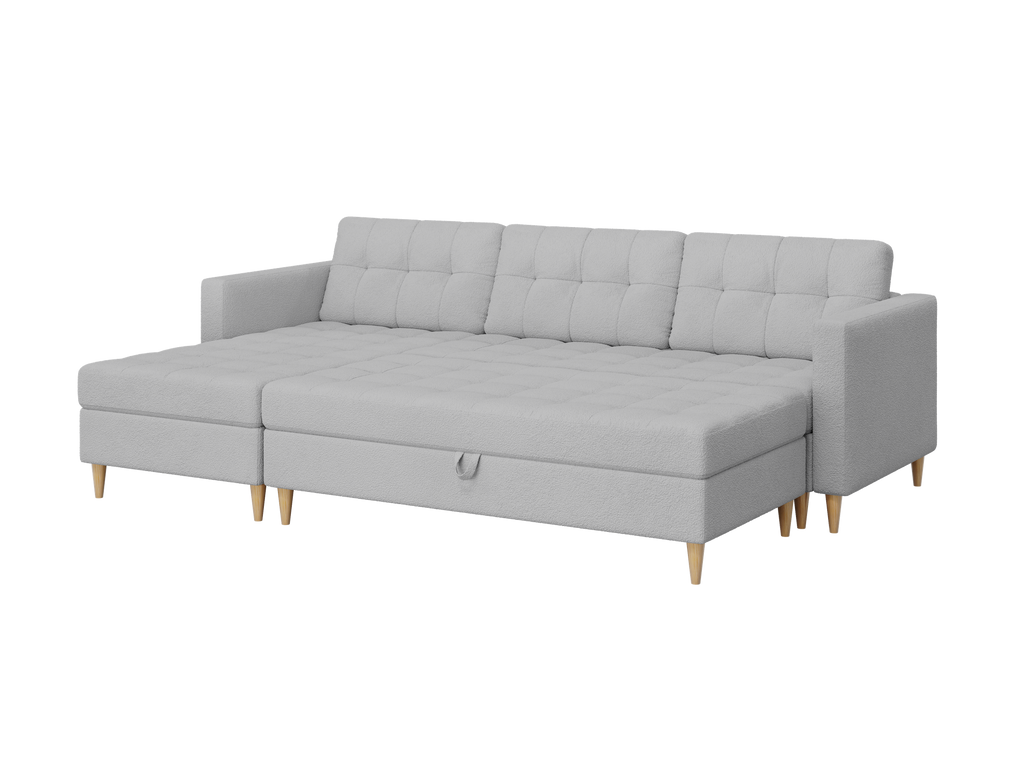 Norvik Ecksofa mit Hocker – L-förmiges skandinavisches Design mit Schlaffunktion und Stauraum, Abriamo Bouclé-Stoff