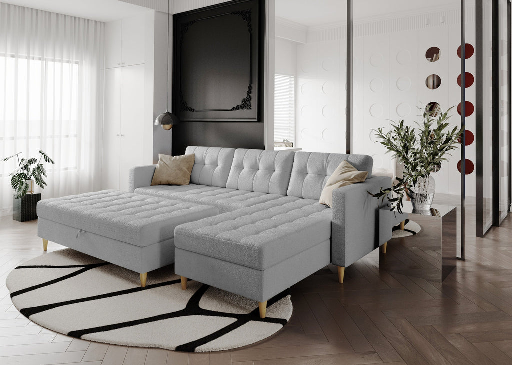 Norvik Ecksofa mit Hocker – L-förmiges skandinavisches Design mit Schlaffunktion und Stauraum, Abriamo Bouclé-Stoff