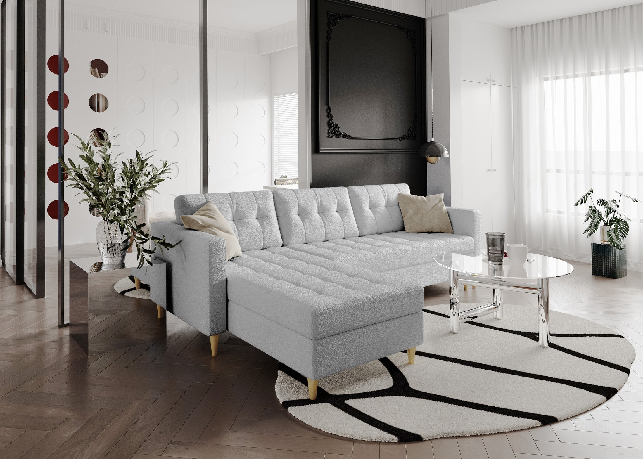 Narożnik Norvik L-kształtny w stylu skandynawskim w tkanine Abriamo boucle