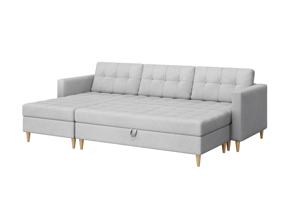 Norvik Ecksofa mit Hocker – L-förmiges skandinavisches Design mit Schlaffunktion und Stauraum, Abriamo Bouclé-Stoff