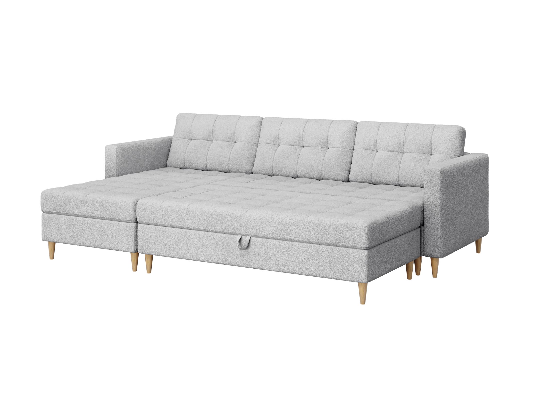 Norvik Ecksofa mit Hocker – L-förmiges skandinavisches Design mit Schlaffunktion und Stauraum, Abriamo Bouclé-Stoff