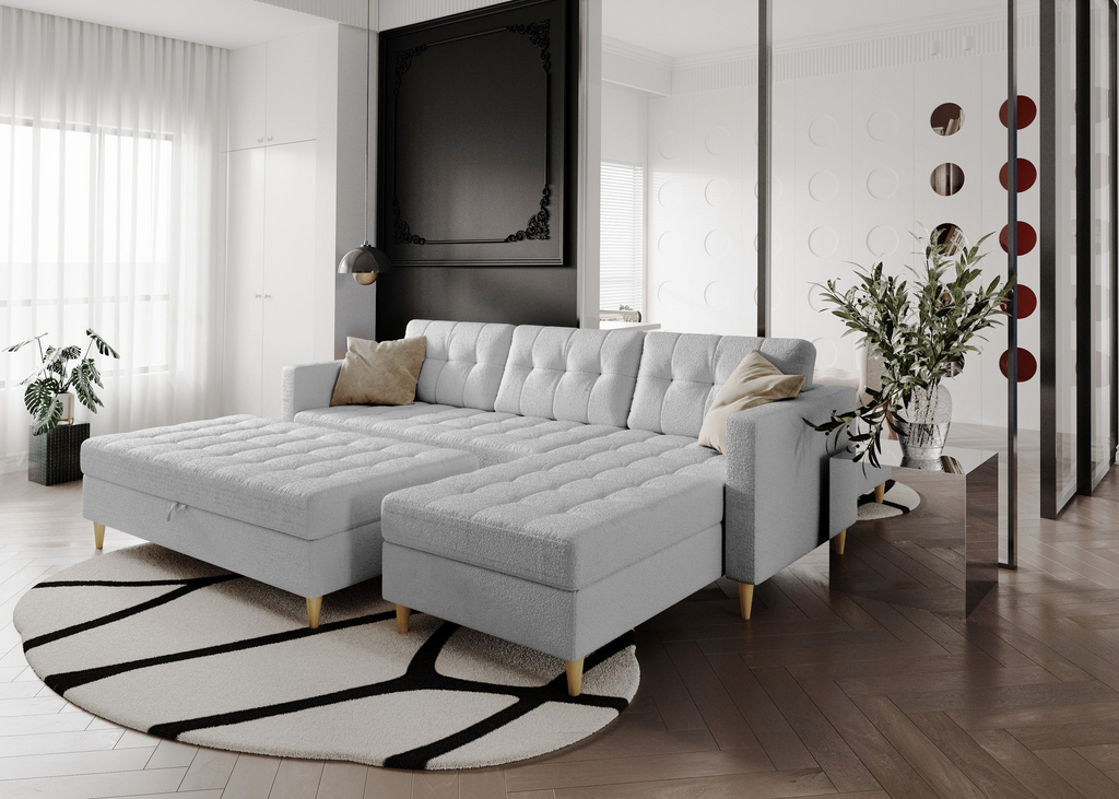 Norvik Ecksofa mit Hocker – L-förmiges skandinavisches Design mit Schlaffunktion und Stauraum, Abriamo Bouclé-Stoff