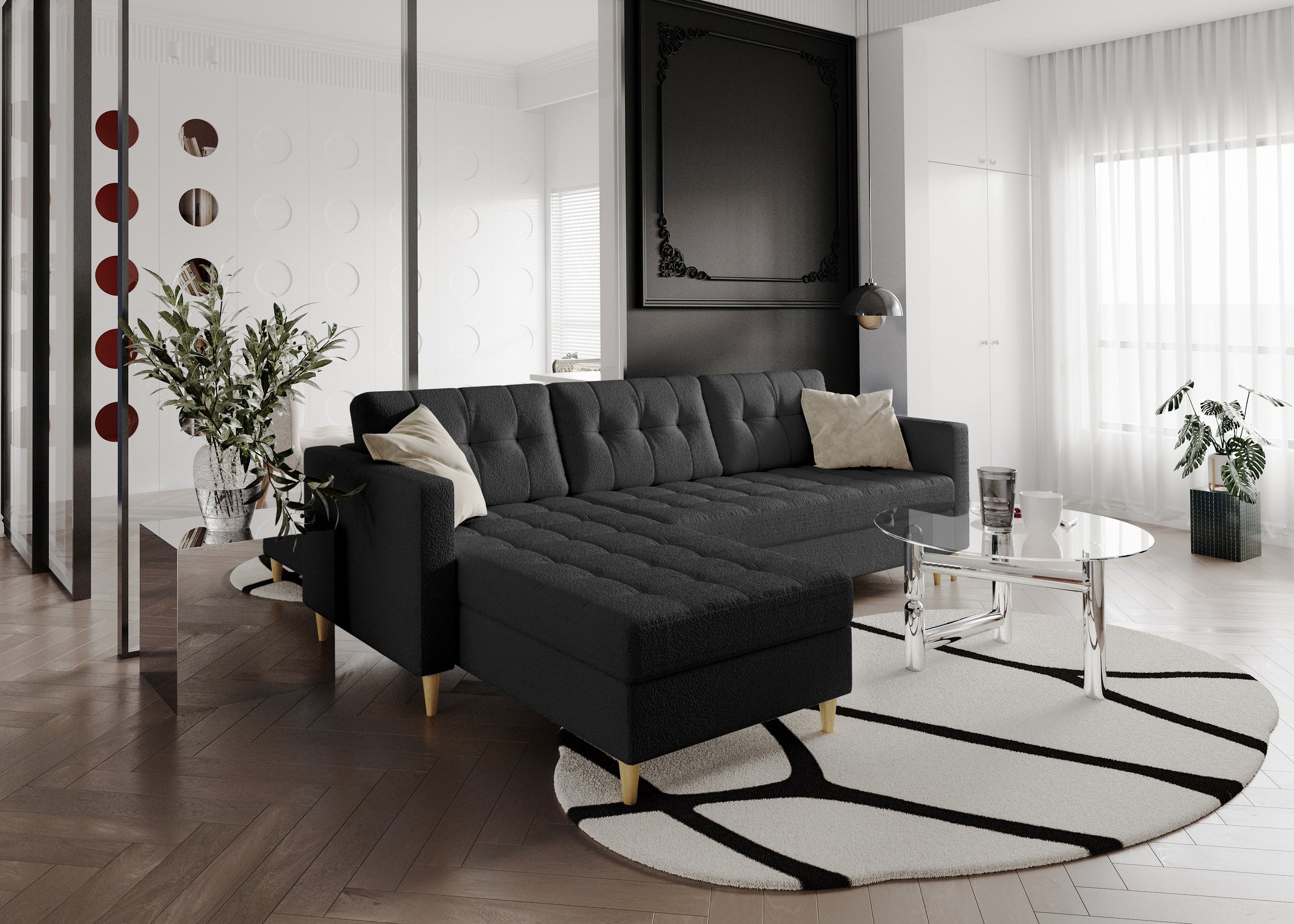 Narożnik Norvik L-kształtny w stylu skandynawskim w tkanine Abriamo boucle