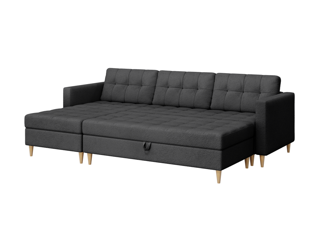 Norvik Ecksofa mit Hocker – L-förmiges skandinavisches Design mit Schlaffunktion und Stauraum, Abriamo Bouclé-Stoff