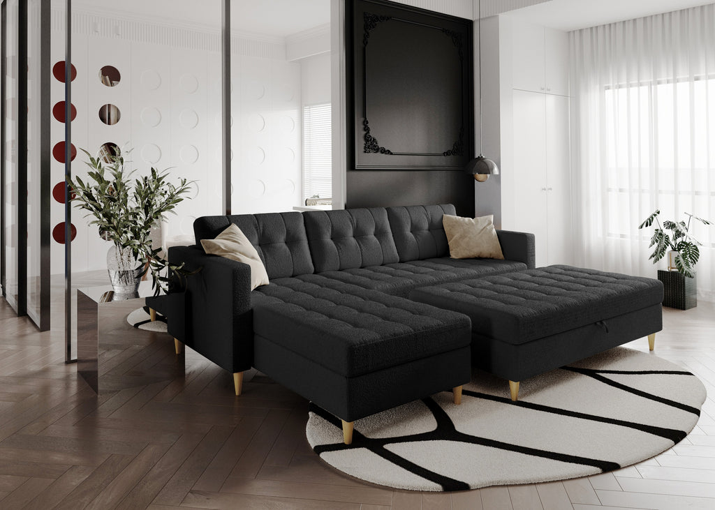 Norvik Ecksofa mit Hocker – L-förmiges skandinavisches Design mit Schlaffunktion und Stauraum, Abriamo Bouclé-Stoff